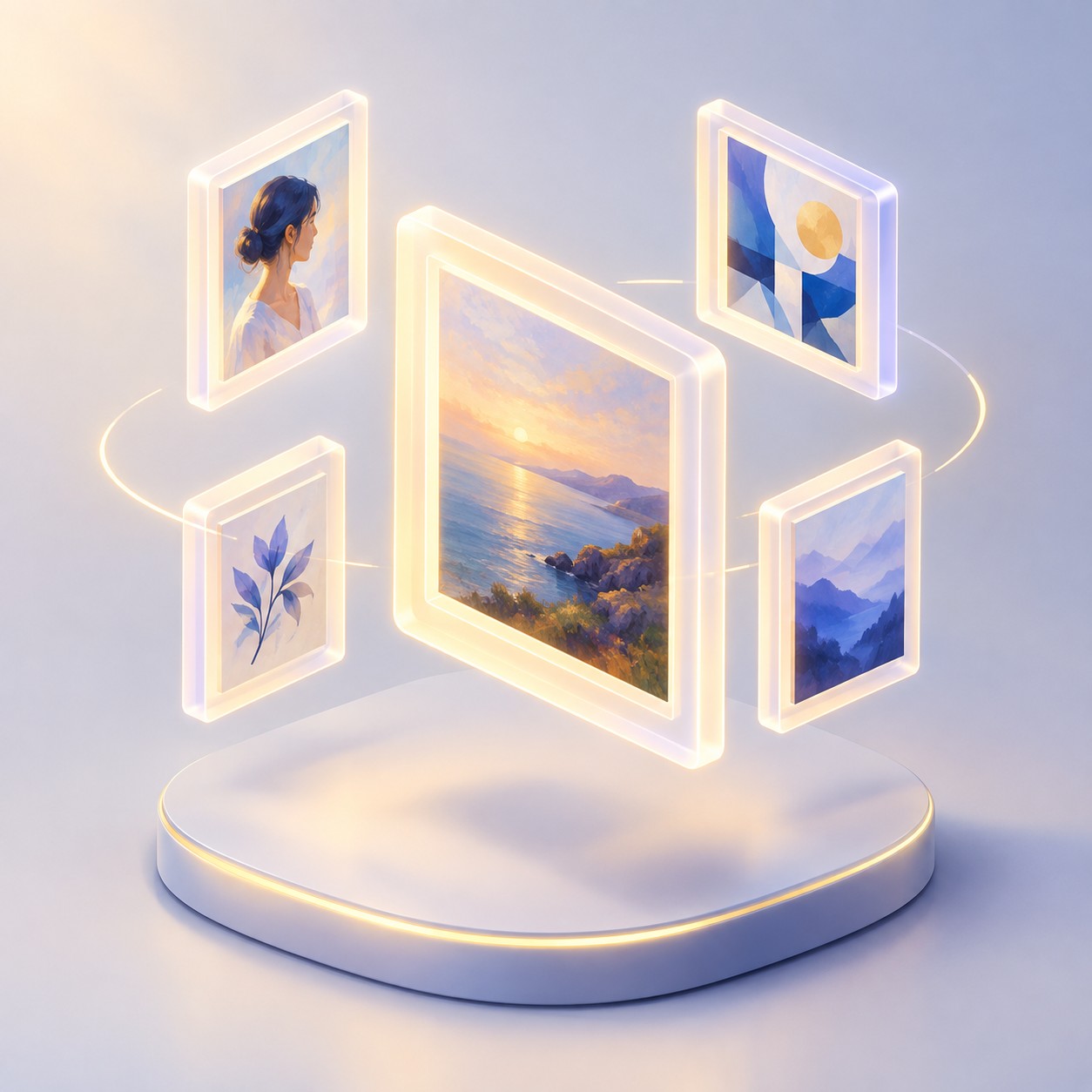 Floating digital art frames made of light in a virtual gallery