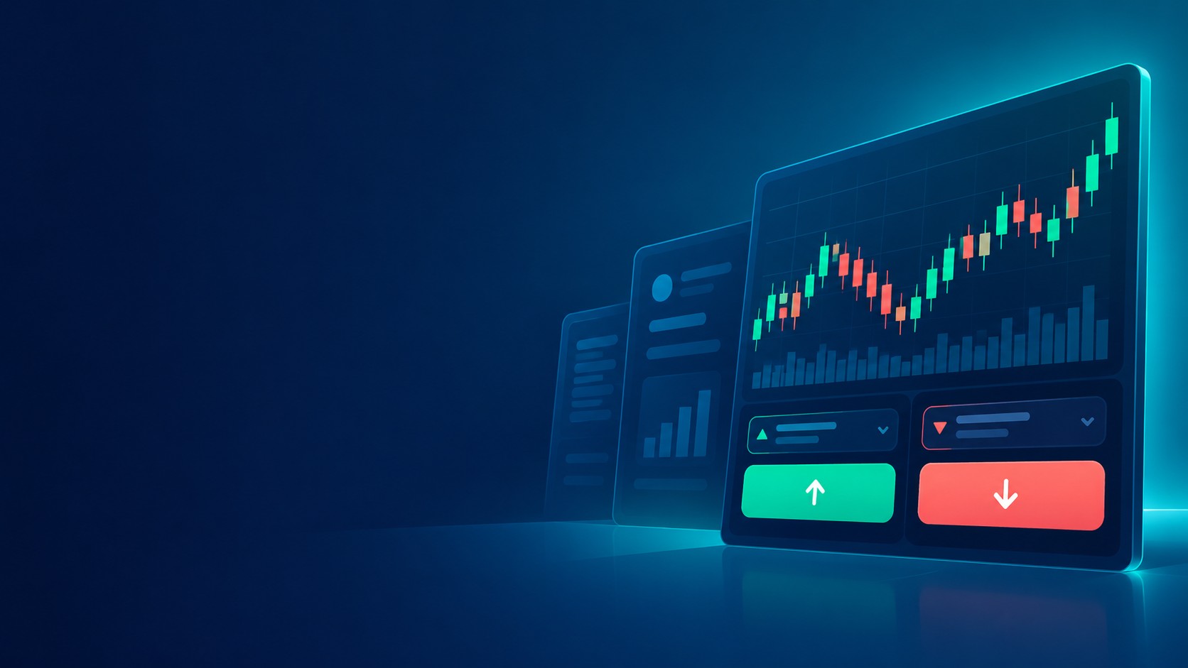 Clean buy and sell panel with green and red buttons and a candlestick chart