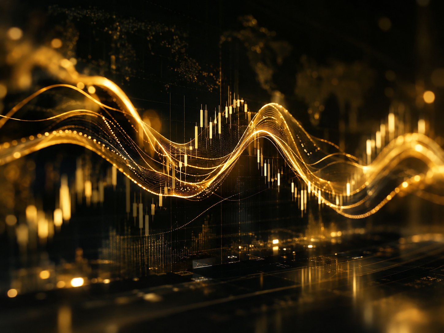 Abstract waves of light representing market volatility across currency charts